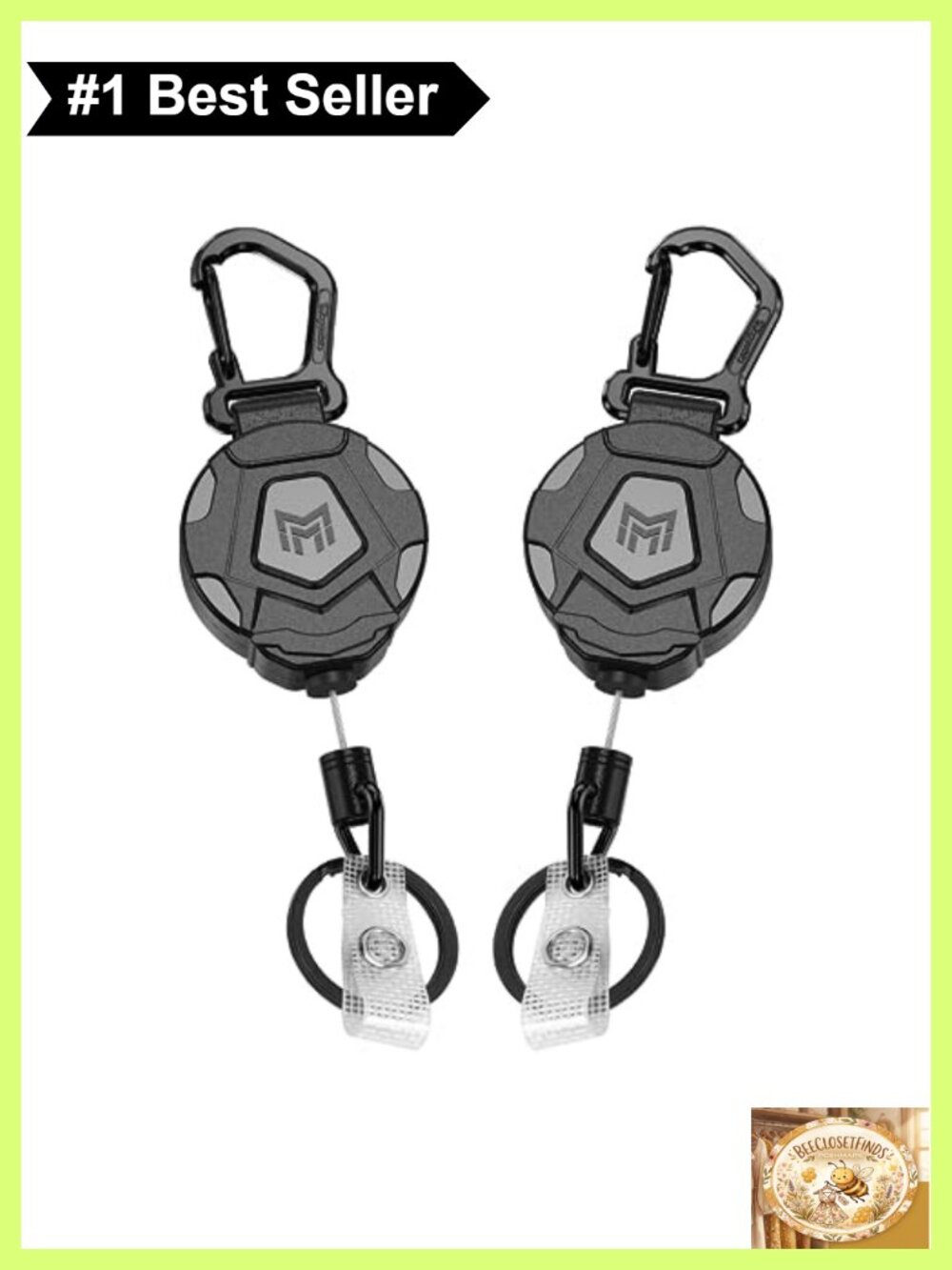 2-Pack Retractable Keychain Badge Reel Steel Cord Carabiner ID Holder